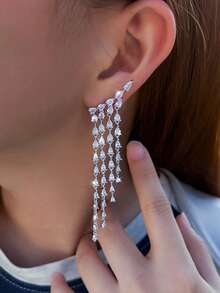1 Pair Extra Long Dangle Cluster Water Drop Cubic Zirconia Tassel Earrings, Luxury Wedding Engagement Bridal Party Jewelry Gift For Women - White - View 5