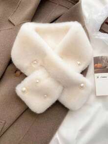 1件装女士保暖毛绒交叉珍珠加厚多功能围脖，冬季连衣裙适用