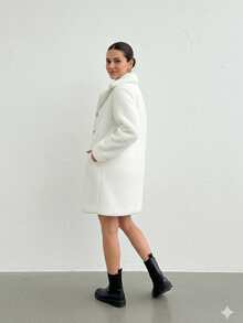 Kadın Kışlık Cepli Astarlı 3 Düğmeli Peluş Kaban - White - View 3