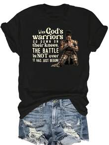 [Camiseta de Moda Casual] Camiseta de mujer suave y cómoda - Camiseta de cuello redondo de manga corta con motivación de "Guerrera Fiel", regalo perfecto para la abuela y la mamá, uso casual de primavera y verano - Negro - Ver 1