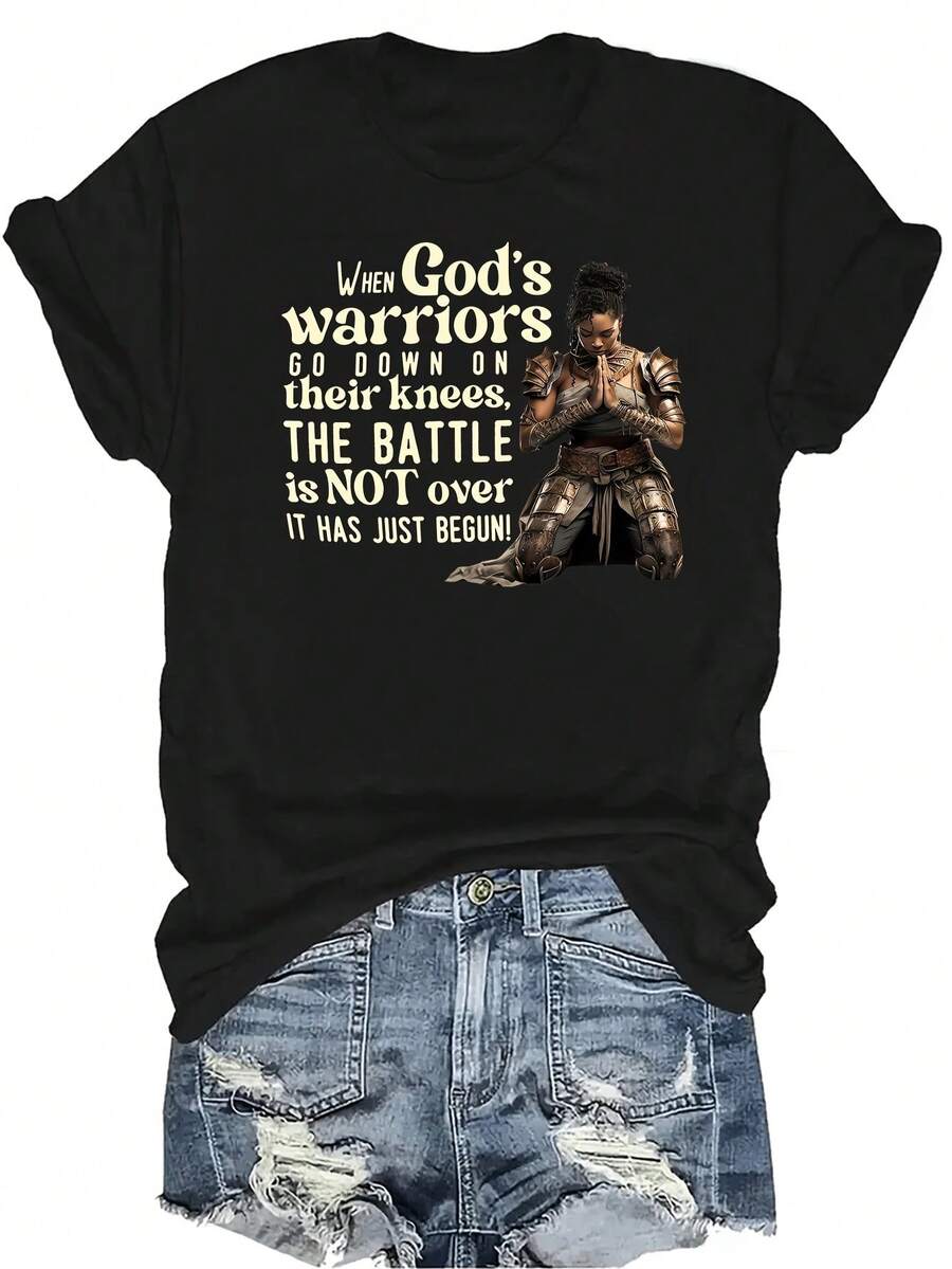 [Camiseta de Moda Casual] Camiseta de mujer suave y cómoda - Camiseta de cuello redondo de manga corta con motivación de "Guerrera Fiel", regalo perfecto para la abuela y la mamá, uso casual de primavera y verano - Negro - Ver 1