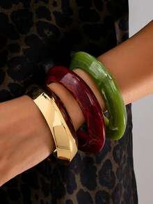 3件套时尚超大简约彩色手镯套装（女士款） - 金黃色 - 查看 11