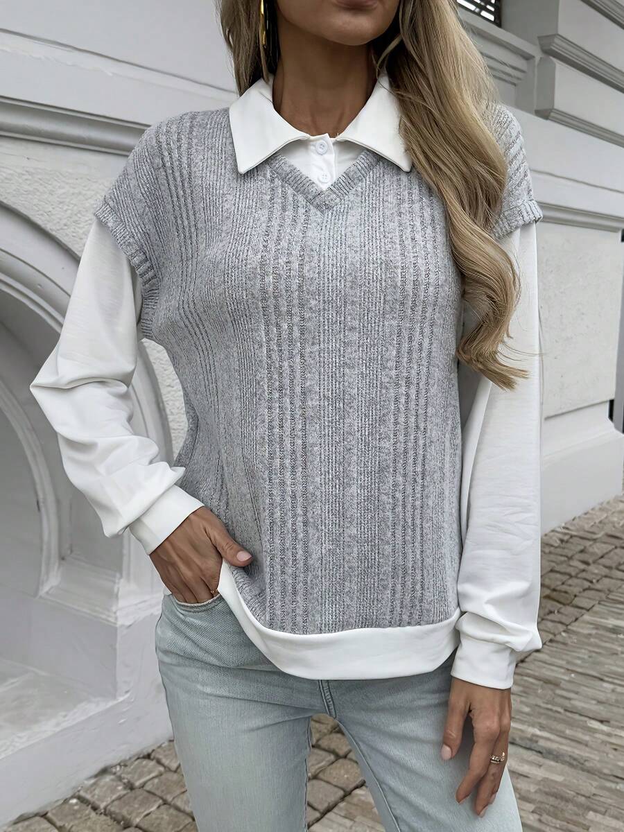 Women's Patchwork Turndown Collar Ribbed 2 In 1 Casual Loose Sweatshirt