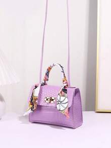 1pc Girls' Solid Color Mini Crossbody Bag, Scarf Decor Handbag, Suitable For Daily Use, Ideal Gift Choice - Purple - View 6