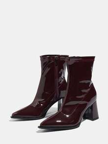 Stivali alla caviglia classici da donna, tacco chunky medio, punta affusolata con cerniera laterale, in pelle casual e comodi, eleganti stivali con tacco alto in pelle verniciata, colore marrone scuro, adatti per autunno/inverno - marrone scuro - Visualizzare 4