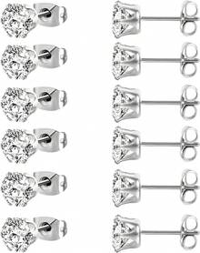 MDFUN 6 Pairs Stud Earrings Sets 3-8MM 18K Gold Plated Round 5A+ Cubic Zirconia Earrings CZ 6 Prong Ears Jewelry Women - 8MM-白金 - 查看 12