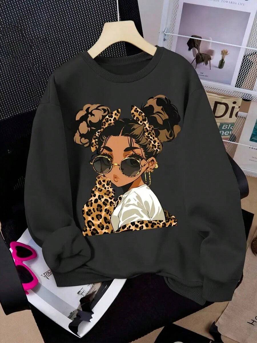 Girls' Fashion Printed Long Sleeve Crew Neck Sweatshirt, Polyester, Casual Style, Regular Fit, Autumn-Winter Season, Letter & Leopard Print, Knitted Fabric,Fall Hoodies,Men's Fall Clothes,Street Wear,Halloween,Mens Hoodies,Y2k Clothes,Jesus Hoodie,Thanksgiving Day,Nightmare Before Christmas,Christmas - Black - View 1