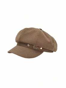 1 szt. damski beret w jednolitym kolorze, elegancki brytyjski styl, modna, uniwersalna, swobodna czapka malarza, vintage'owy kapelusz gazeciarza ze skórzaną klamrą, odpowiedni do noszenia na ulicy, spotkań towarzyskich, wydarzeń artystycznych i kulturalnych, dojazdów do pracy