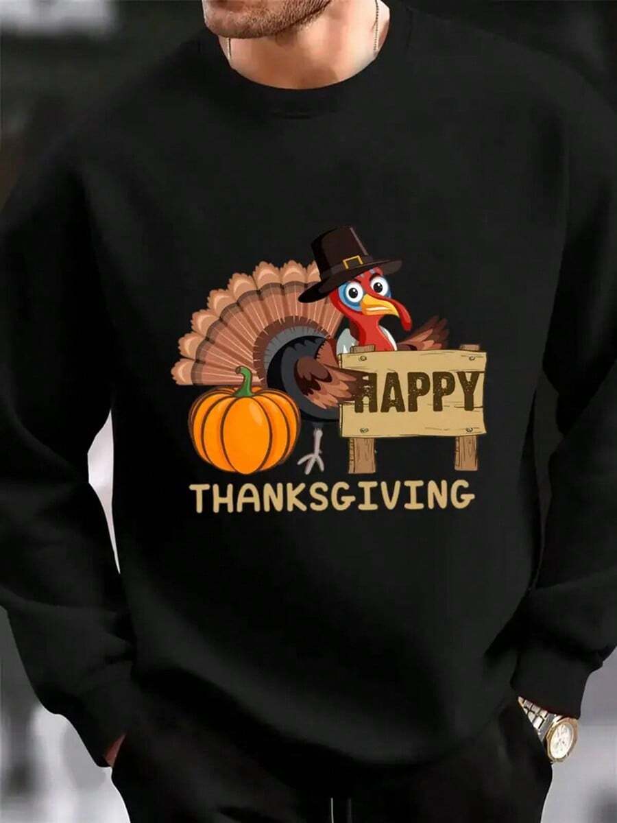 Men's Thanksgiving Turkey & Fall Leaves Print Sweatshirt - Heavyweight 100% Casual Streetwear Pullover, Plus Size Comfortable Long Sleeve Sweater For Autumn Winter,Fall Hoodies,Men's Fall Clothes,Street Wear,Halloween,Mens Hoodies,Y2k Clothes,Jesus Hoodie,Thanksgiving Day,Nightmare Before Christmas,Christmas - màu đen - Xem 1