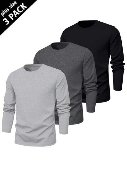 3pcs/Set Plus Size Men's Crew Neck Long Sleeve T-Shirts, Black & Grey Combo, Multi-Pack