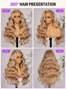 MEGALOOK 升级版 13x6 三合一蕾丝前假发，奶茶棕渐变波浪卷发，带抽绳，100% 真人发丝，18-26 英寸 - 预先拔毛修剪，耳到耳蕾丝，透明蕾丝前假发，易于佩戴 - 轻盈可调节透气帽，柔软弹力，全天舒适 - S20L - 查看 3