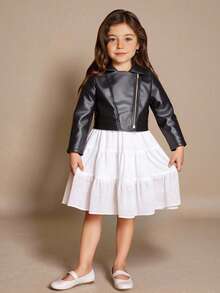 SHEIN Áo khoác xe máy tay dài đơn sắc bằng da PU có khóa kéo phía trước cho bé gái, thích hợp đi học, dự tiệc và đi chơi - màu đen - Xem 4