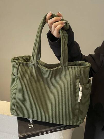 Large Capacity Fashion Women's Shoulder Tote Bag, Soft Corduroy Fabric, With Side Pockets & Multiple Compartments, Zipper Closure, Suitable For Short Trips, Commuting, Daily Use Laptop Bag