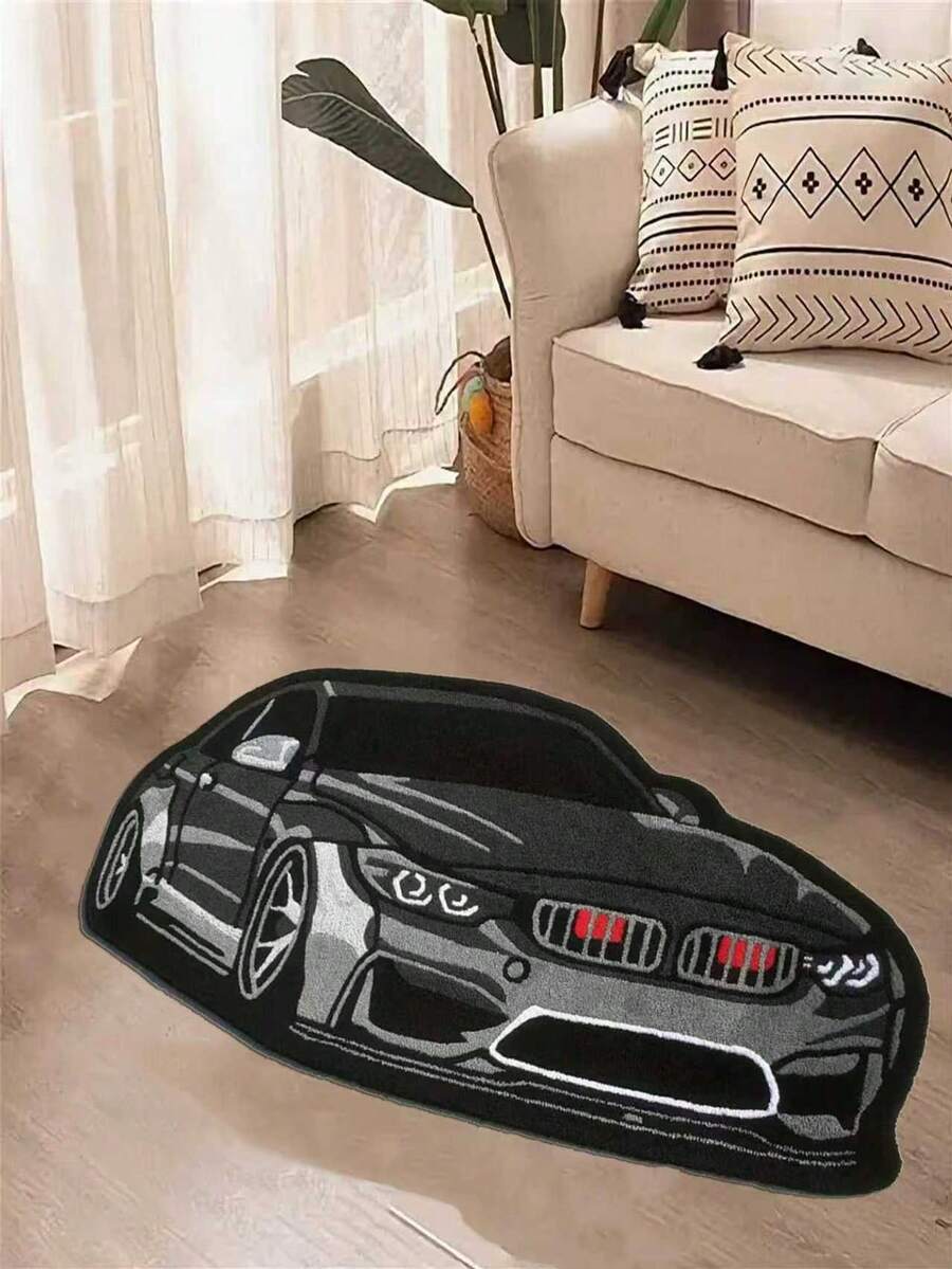 1 pieza Alfombra con diseño de coche, diseño de coche en blanco y negro con decoración cromada, alfombra de estilo Ins, alfombra versátil y creativa, adecuada para dormitorio, sala de estar, decoración del hogar, alfombra de sala de estar, decoración de dormitorio, alfombra pequeña, alfombra de moda creativa, alfombra de sala de estar, alfombra pequeña de sala de estar, alfombra de dormitorio, alfombra de exterior, alfombra lavable