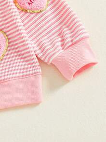 Sudadera de San Valentín para niñas pequeñas con bordado de corazón a rayas, corte holgado, informal, cuello redondo, manga larga - Rosa - Ver 7