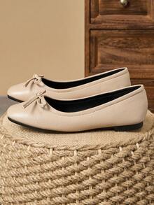 MonaNise Damen Mode Quadratische Zehenkappe Flache Schuhe mit Schleife in Apricot, Schwarz & Weiß Outdoor Lässig High-End Khaki vielseitige Ballerinas - Aprikosenfarben - Übersicht 5