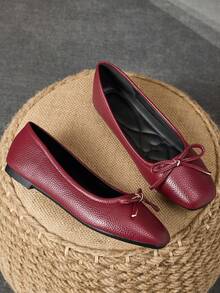MonaNise Sapatos baixos femininos de bico quadrado, bico fino, com laço de damasco, preto e branco, casuais para atividades ao ar livre, cáqui de alta qualidade, versáteis - Borgonha - Ver 3