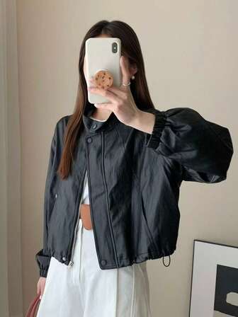 女士纯色前拉链休闲度假仿皮夹克