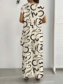 Plus Size Summer And Autumn Women's Fashion Ready-To-Wear, Plus Size Sets, Casual Elegant Short-Sleeved Tops & Loose Straight Leg Trousers Women's Outfit Two-Piece Set - 米色 - 查看 2