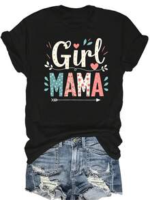 [Camiseta de Moda Casual] Camiseta de mujer suave y cómoda - Parte superior de manga corta con cuello redondo y estampado floral de "Chica Mamá", regalo perfecto para la abuela y la mamá, uso casual de primavera y verano - Negro - Ver 1