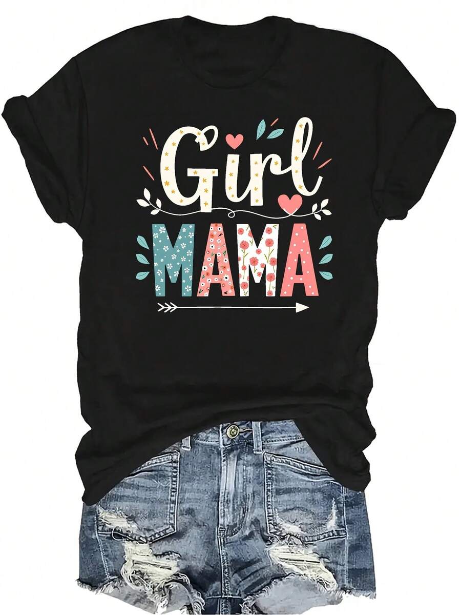 [Camiseta de Moda Casual] Camiseta de mujer suave y cómoda - Parte superior de manga corta con cuello redondo y estampado floral de "Chica Mamá", regalo perfecto para la abuela y la mamá, uso casual de primavera y verano - Negro - Ver 1