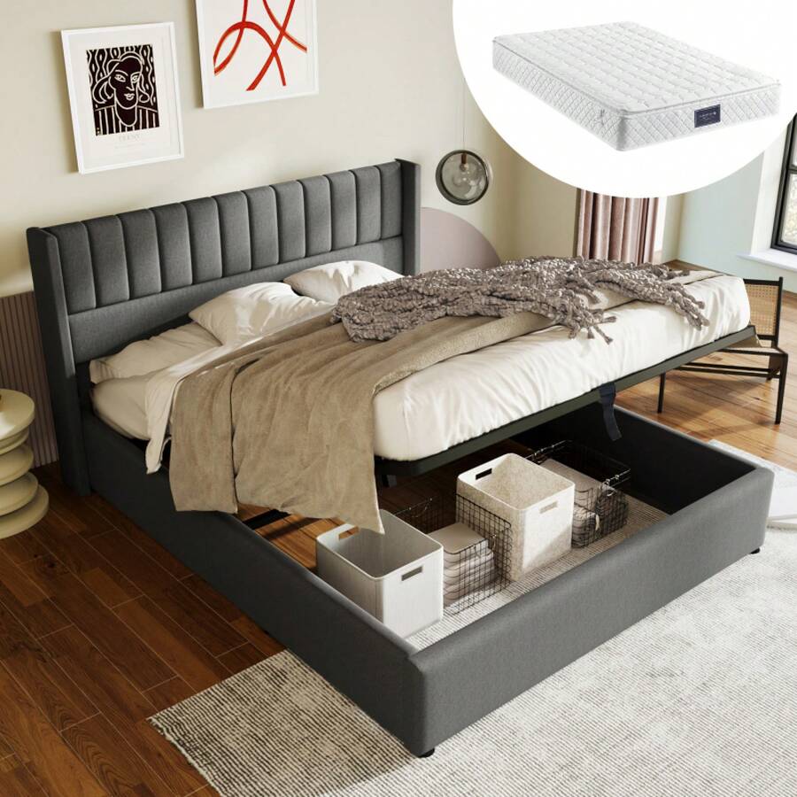 Polsterbed Storage Bed Hydraulic Double Bed 180x200cm, Wooden Slatted Base, Bed With Metal Frame Slatted Base, Linen, Beige - Gray + Linen + 140cm*200cm - View 1