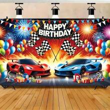 Polyester-Faser Rennthema Party Hintergrund - Vielseitig verwendbarer Fotohintergrund geeignet für Geburtstagsfeierlichkeiten, Innen-/Außendekoration, Party Banner mit Cartoon-Autos und Logos, vielseitig einsetzbar