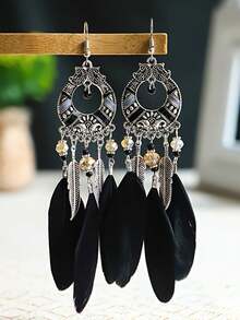 2pcs Enamel Round Bead, Bohemian Natural Feather & Leaf Tassel Long Earrings For Women