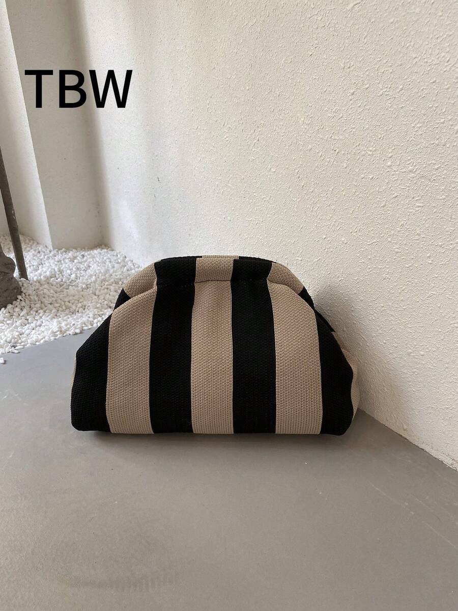 Women's Knitted Handbag, Colorblock Striped Design, Large Capacity, Classic Retro Style Buckle Bag, Suitable For Vacation And Travel - Multicolor - View 1