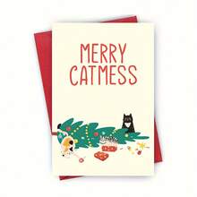 1pc Elegant Christmas Greeting Cards With Adorable Cat & Tree Design - Festive Holiday Party Invitations, Thank You Notes, And Blessing Cards For Friends, Includes Envelopes, Perfect For Christmas Gifts, Christmas Greeting Cards