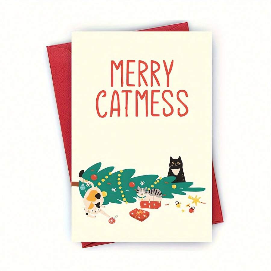 1pc Elegant Christmas Greeting Cards With Adorable Cat & Tree Design - Festive Holiday Party Invitations, Thank You Notes, And Blessing Cards For Friends, Includes Envelopes, Perfect For Christmas Gifts, Christmas Greeting Cards