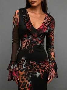 Women's Ruffle Front Pleated Sleeve Leopard Rose Print Fitted Sexy Maxi Dress - Black - View 1