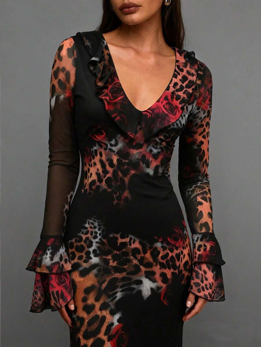 Women's Ruffle Front Pleated Sleeve Leopard Rose Print Fitted Sexy Maxi Dress - Black - View 1