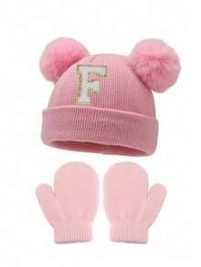 2 Stücke/Set gestrickte Mützen & Handschuhe Baby A-Z Buchstaben gestrickte Mützen mit rosa Handschuhen Baby Mädchen Hut Kinder Beanie Mütze Säuglings Zubehör Kinderhüte Elastisch 0-3J Baby Mädchen Junge Hut