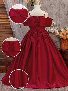 青少年女孩缎面露背系带优雅拖尾连衣裙，适合正式晚宴和派对，不含头带 - 酒紅色 - 查看 6