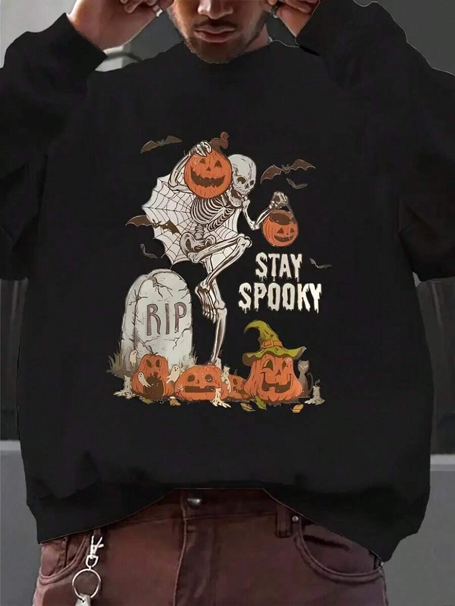 Men's Casual Crew Neck Sweatshirt With Unique Pumpkin & Skull Print - Soft Polyester, Machine Washable,Fall Hoodies,Men's Fall Clothes,Street Wear,Halloween,Mens Hoodies,Y2k Clothes,Jesus Hoodie,Thanksgiving Day,Nightmare Before Christmas,Christmas - 黑色 - 查看 1