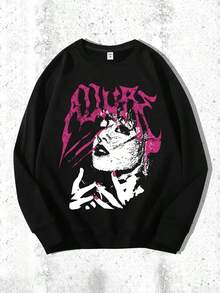 Men's Dark Gothic Portrait Graphic Sweatshirt - Soft, Casual, Loose Fit Crew Neck Design For Fall-Winter Season, Comfortable And Stylish Wear For Everyday Activities,Fall Hoodies,Men's Fall Clothes,Street Wear,Halloween,Mens Hoodies,Y2k Clothes,Jesus Hoodie,Thanksgiving Day,Nightmare Before Christmas,Christmas - 黑色 - 查看 1