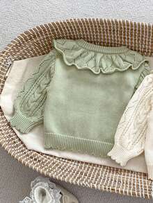 女婴纯棉纱布开衫，荷叶边领，长袖毛衣外套