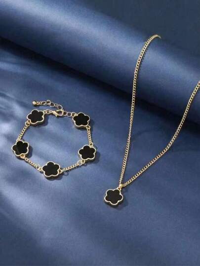 1 Set Elegante Moda de Negocios Joyería de Lujo Clásica de Trébol de Cuatro Hojas Collar y Pulsera, Adecuado para Uso Diario, Fiesta, Celebración al Aire Libre, Navidad, Regalo Perfecto para Vacaciones