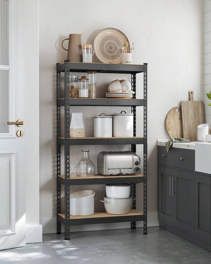 Estantería de 5 Niveles, Estantería de Almacenamiento, Montaje sin Tornillos, Estantes Ajustables, 30 x 75 x 150 cm, Carga de 875 kg, para Garaje, Cobertizo, Bodega, Negro - Negro - Ver 1