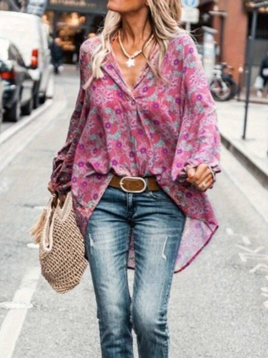 2025 Plus Size Long Sleeve V-Neck Random Print T-Shirt Casual Loose Lightweight Stretchy Elegant Top