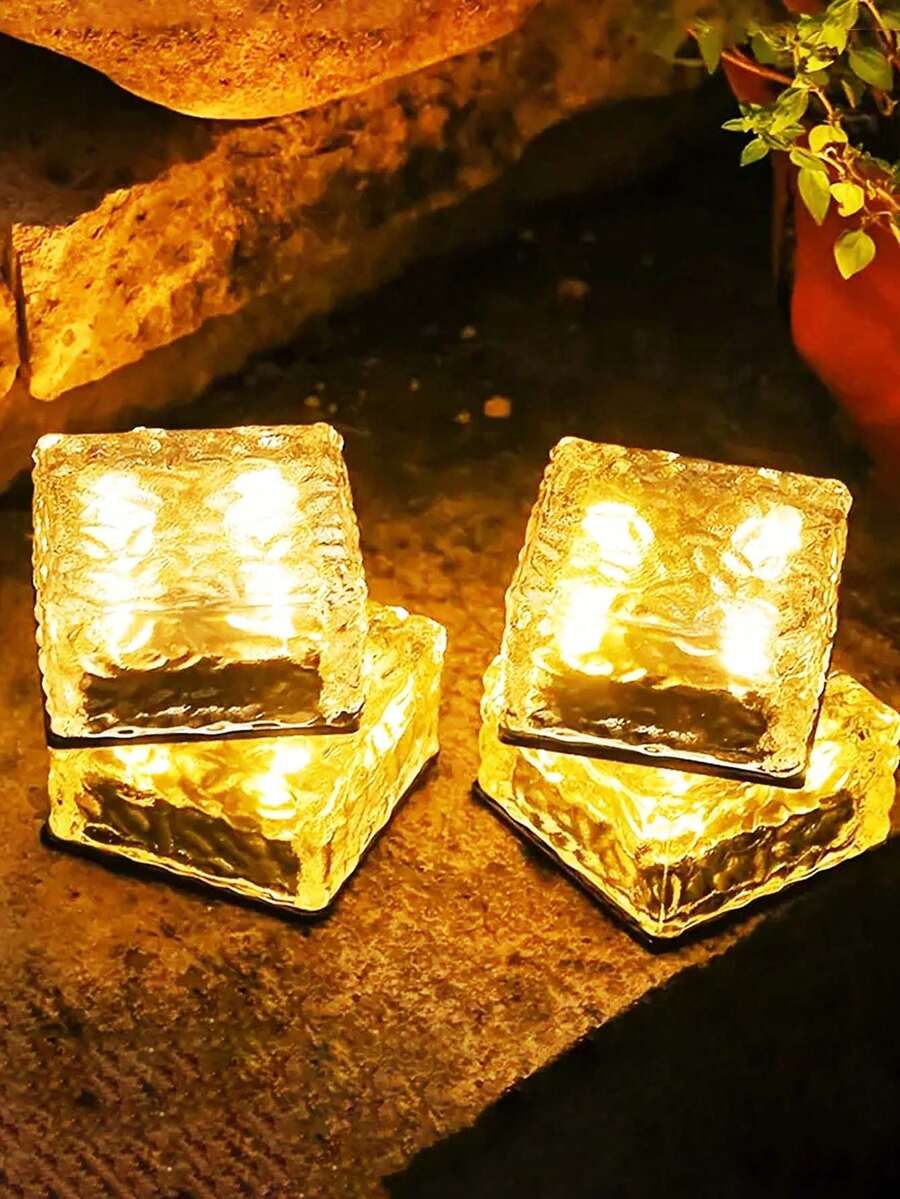 1/2/4/6件方形太阳能冰砖灯，自动太阳能灯，小夜灯，景观装饰露营灯，楼梯装饰冰块灯，自动传感器，暖光，仿水晶冰花玻璃壳，适用于庭院、草坪、人行道、楼梯、阳台、花园、公园小径等场景