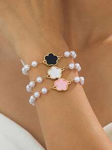 3pcs Women's Fashion Bracelet Set, Beaded Lucky Clover Charm Bracelets In Black, White And Pink, Stylish & Casual, Suitable For Daily Wear And Holiday Gifts - Multicolor - View 2