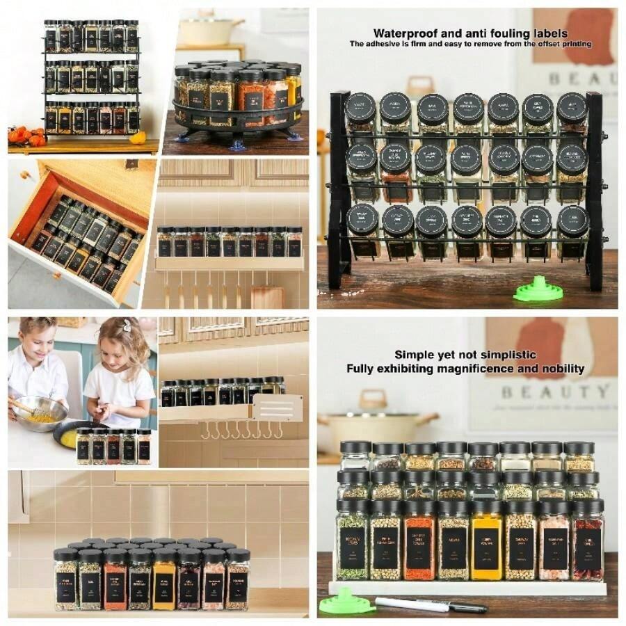 Spice Jars With Label 4oz Glass Spice Bottles With Shaker Lids Seasoning Containers With Funnel, Chalk Pen Cabinet Drawer Rack Black, 24 - 黑色+36 - 查看 1