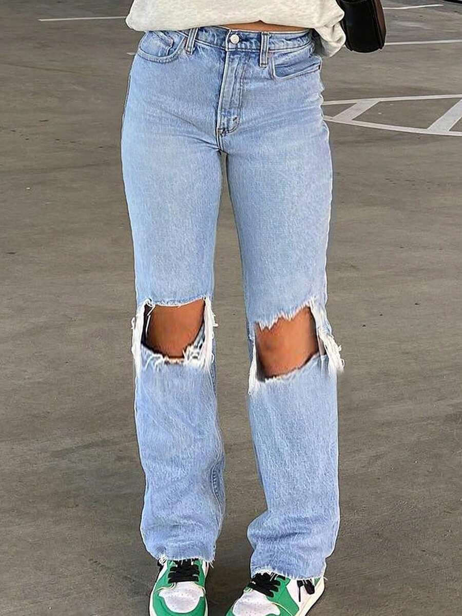 These Relaxed, Straight-Leg Pants For Women Feature An Elegant Silhouette And Ripped Details, Perfectly Embodying The Y2K Street Aesthetic And Are Suitable For All Seasons, Perfect For Back-To-School, Concerts, And Holiday Parties. - Màu xanh nhạt - Xem 1