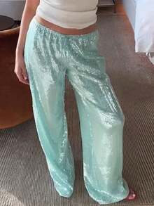 Womenacute;S Sparkle Sequin Pants Lightweight Elastic Waist Wide Leg Loose Pants Trousers - Green - View 2