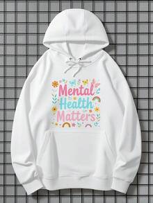 Mental Health Matters Print Hoodie - Long Sleeve, Knit Fabric, Relaxed Fit, Full Size, Fashionable Graphic Print, Perfect For Casual Outings And Daily Wear, Black White Red Grey Navy,Fall Hoodies,Men's Fall Clothes,Street Wear,Halloween,Mens Hoodies,Y2k Clothes,Jesus Hoodie,Thanksgiving Day,Nightmare Before Christmas,Christmas - White - View 1