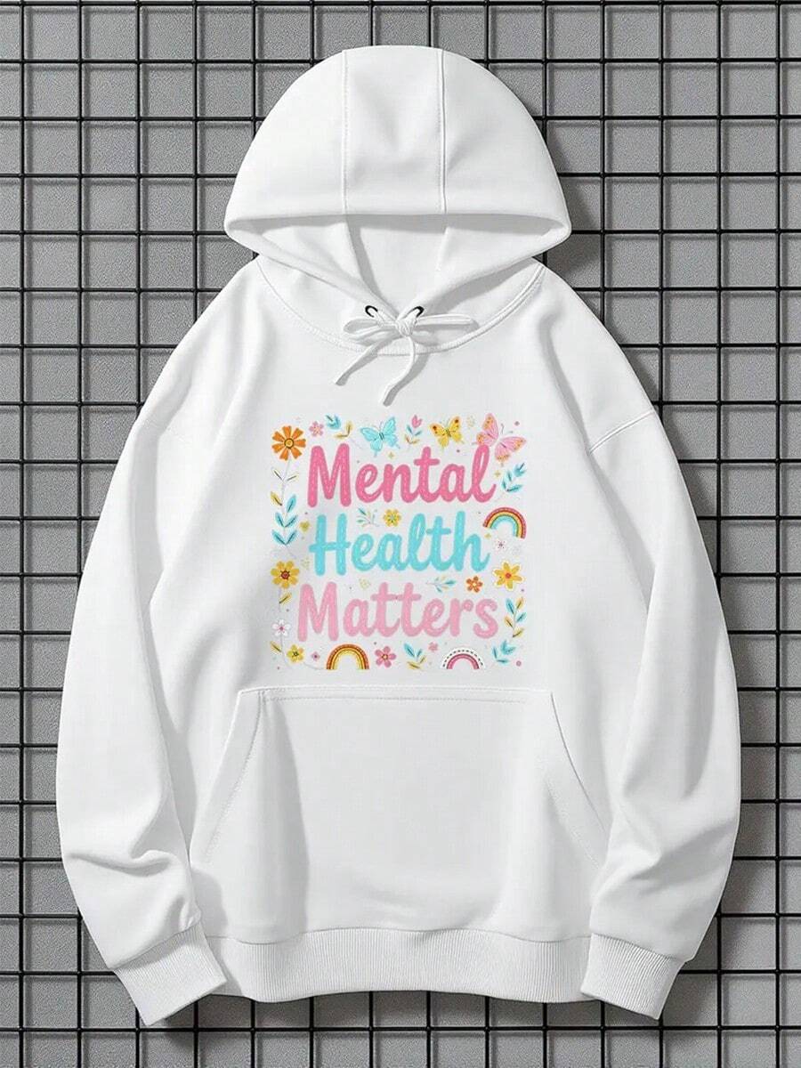 Mental Health Matters Print Hoodie - Long Sleeve, Knit Fabric, Relaxed Fit, Full Size, Fashionable Graphic Print, Perfect For Casual Outings And Daily Wear, Black White Red Grey Navy,Fall Hoodies,Men's Fall Clothes,Street Wear,Halloween,Mens Hoodies,Y2k Clothes,Jesus Hoodie,Thanksgiving Day,Nightmare Before Christmas,Christmas - White - View 1