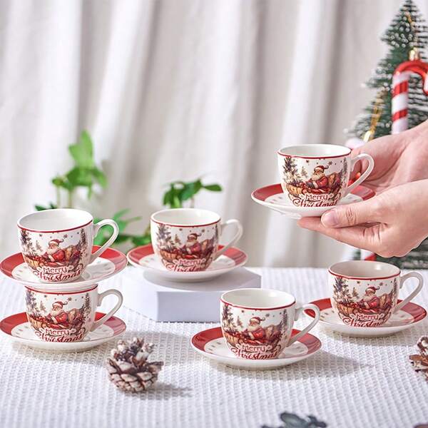 MBB Christmas Teacup And Saucer Set Ceramic Espresso Coffee Mug With Saucer Festive Serveware Holiday Gift Christmas Cup Charming Holiday Design Versatile Drinkware Elegant Holiday Theme Prints Finish U-Shape Memorable Holiday Gift Dishwasher And Microwave , 3 Oz Or 6 Oz Porcelain Cup For Tea, Coffee, Espresso - Christmas Tree, Holly & Red Berries Holiday Accents - Holiday Collection Design For Gifting