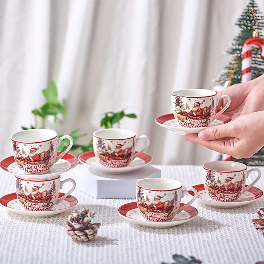 MBB Christmas Teacup And Saucer Set Ceramic Espresso Coffee Mug With Saucer Festive Serveware Holiday Gift Christmas Cup Charming Holiday Design Versatile Drinkware Elegant Holiday Theme Prints Finish U-Shape Memorable Holiday Gift Dishwasher And Microwave , 3 Oz Or 6 Oz Porcelain Cup For Tea, Coffee, Espresso - Christmas Tree, Holly & Red Berries Holiday Accents - Holiday Collection Design For Gifting - Multicolor - View 1